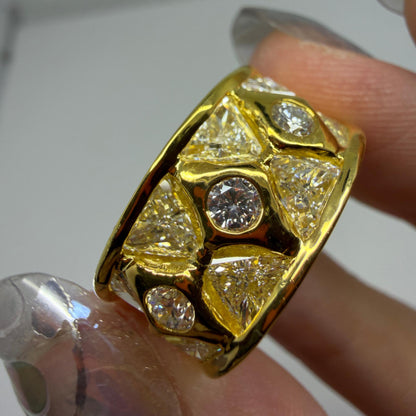 18k Two Tone Trillion Cut Diamond Wide Band Ring with Abstract Design