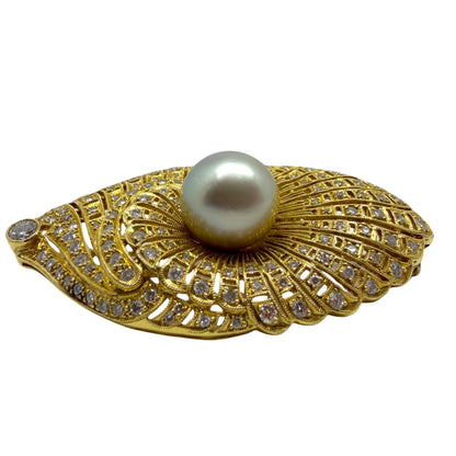 Art Deco Inspired 18K Yellow Gold Diamond and South Sea Pearl Brooch