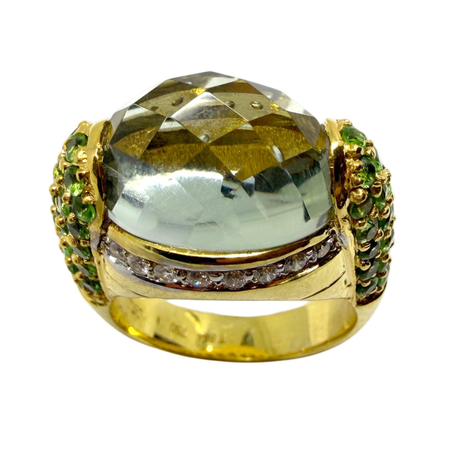 18K Yellow Gold Diamond, Green Garnet and Checkered Green Gemstone Cocktail Ring