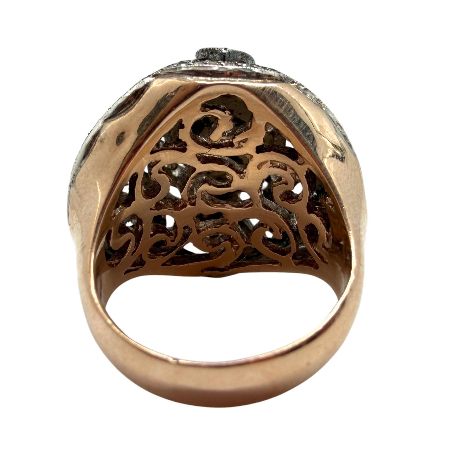 Vintage Inspired Rose Gold and Silver Rose Cut Diamond Dome Cocktail Ring