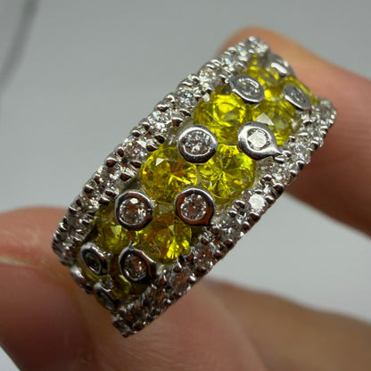 18k White Gold Diamond and Yellow Sapphire Wide Band Ring