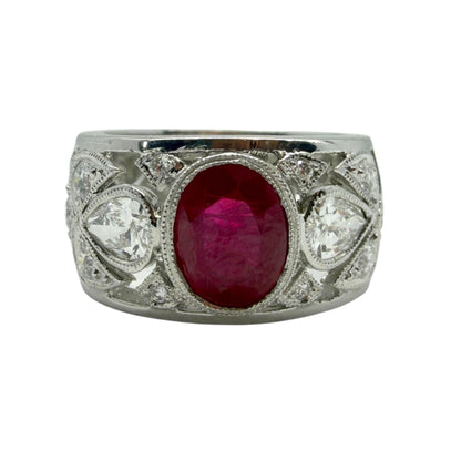 18K White Gold 2.04 Carats Oval Cut Ruby and Diamond Wide Band Ring - Size 6.5