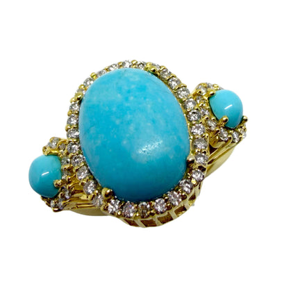 18K Yellow Gold Diamond and Turquoise Three Stone Cocktail Ring - Size 7