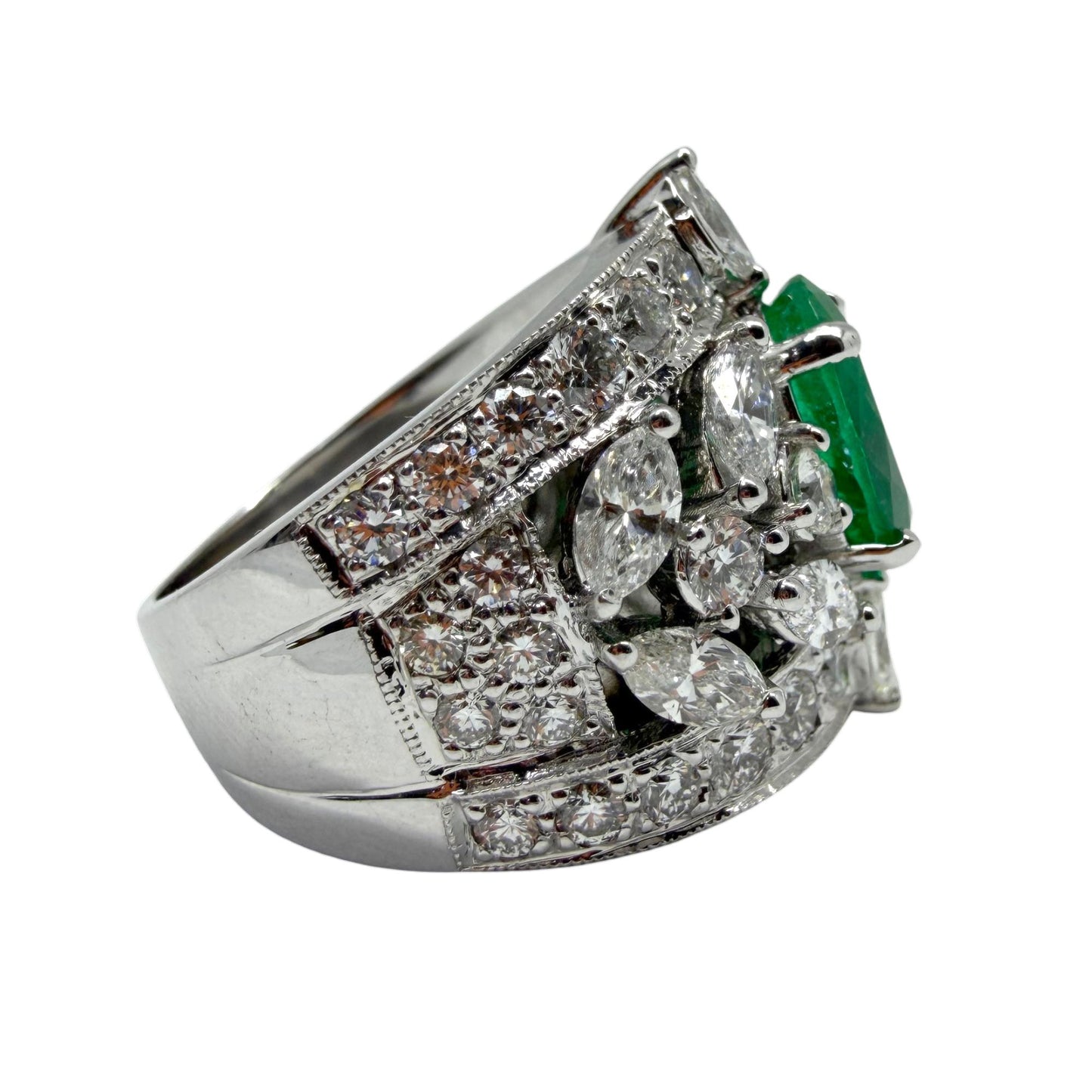 18K White Gold 2.95 Carat Oval Emerald and Marquise Cut Diamond Wide Band Ring