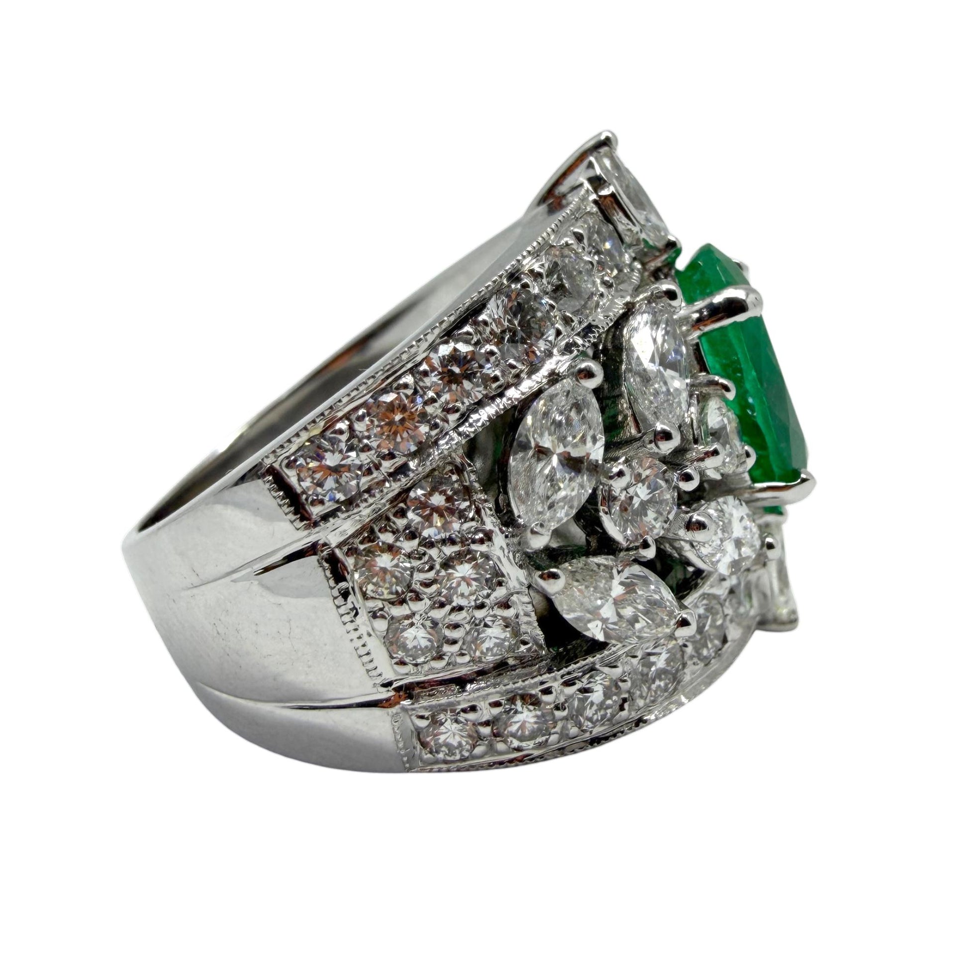 18K White Gold 2.95 Carat Oval Emerald and Marquise Cut Diamond Wide Band Ring