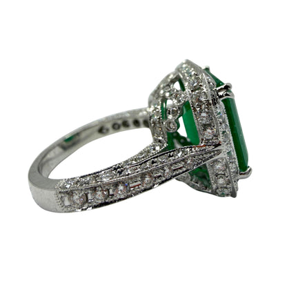 18K White Gold 6.58 Carat Emerald Cut Emerald and Diamond Ring -Size 7