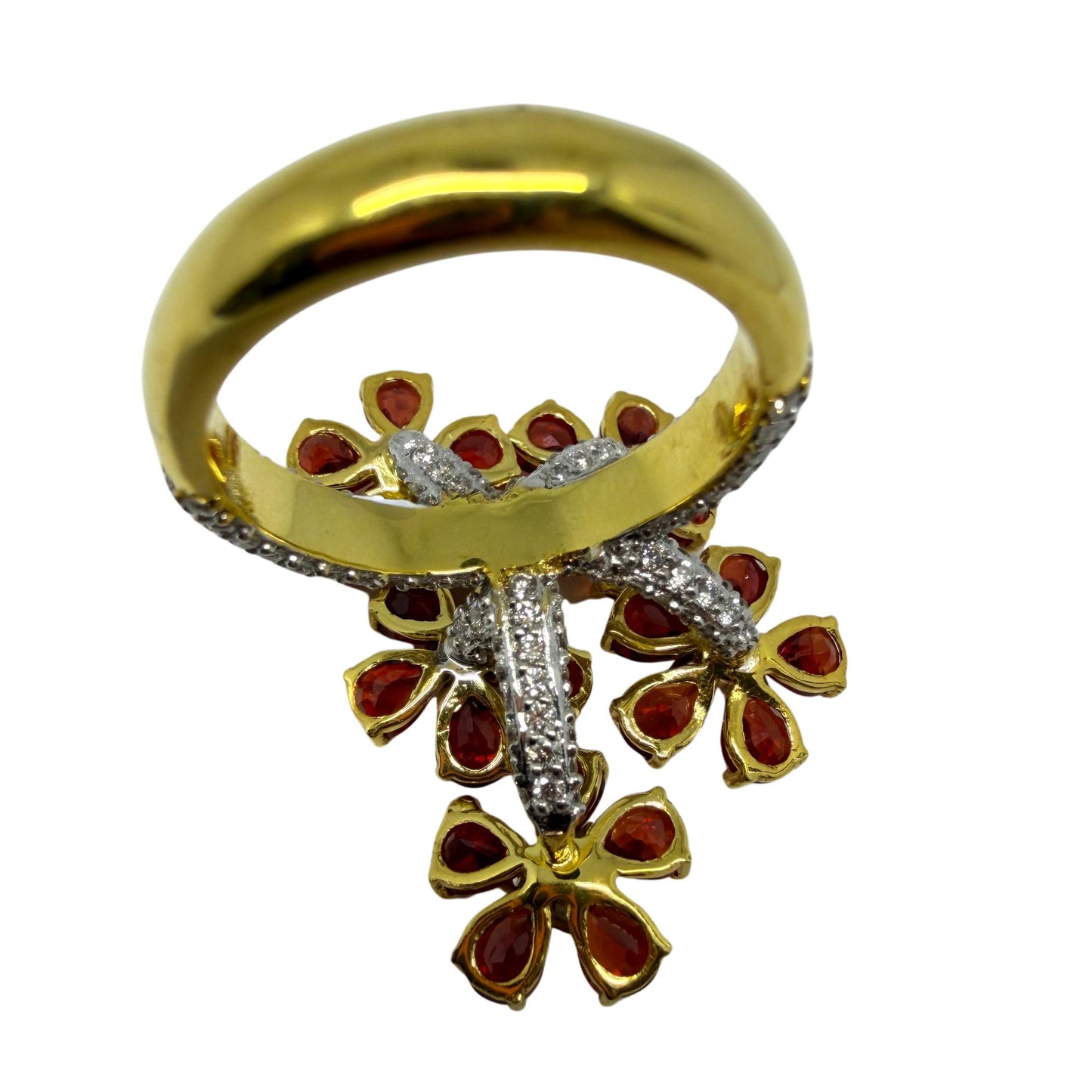 18K Yellow Gold 5.17 Carat Pear Cut Ruby and Diamond Flower Cocktail Ring