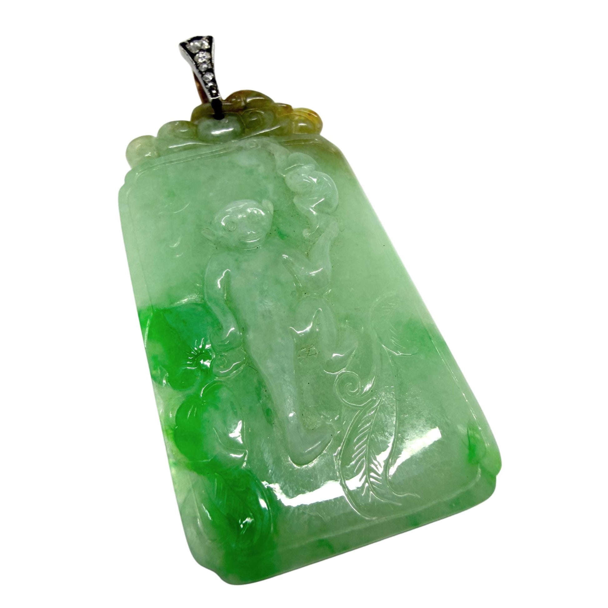 Estate 18K and Silver Carved Burma No Dye Jade and Diamond Pendant w/GIA