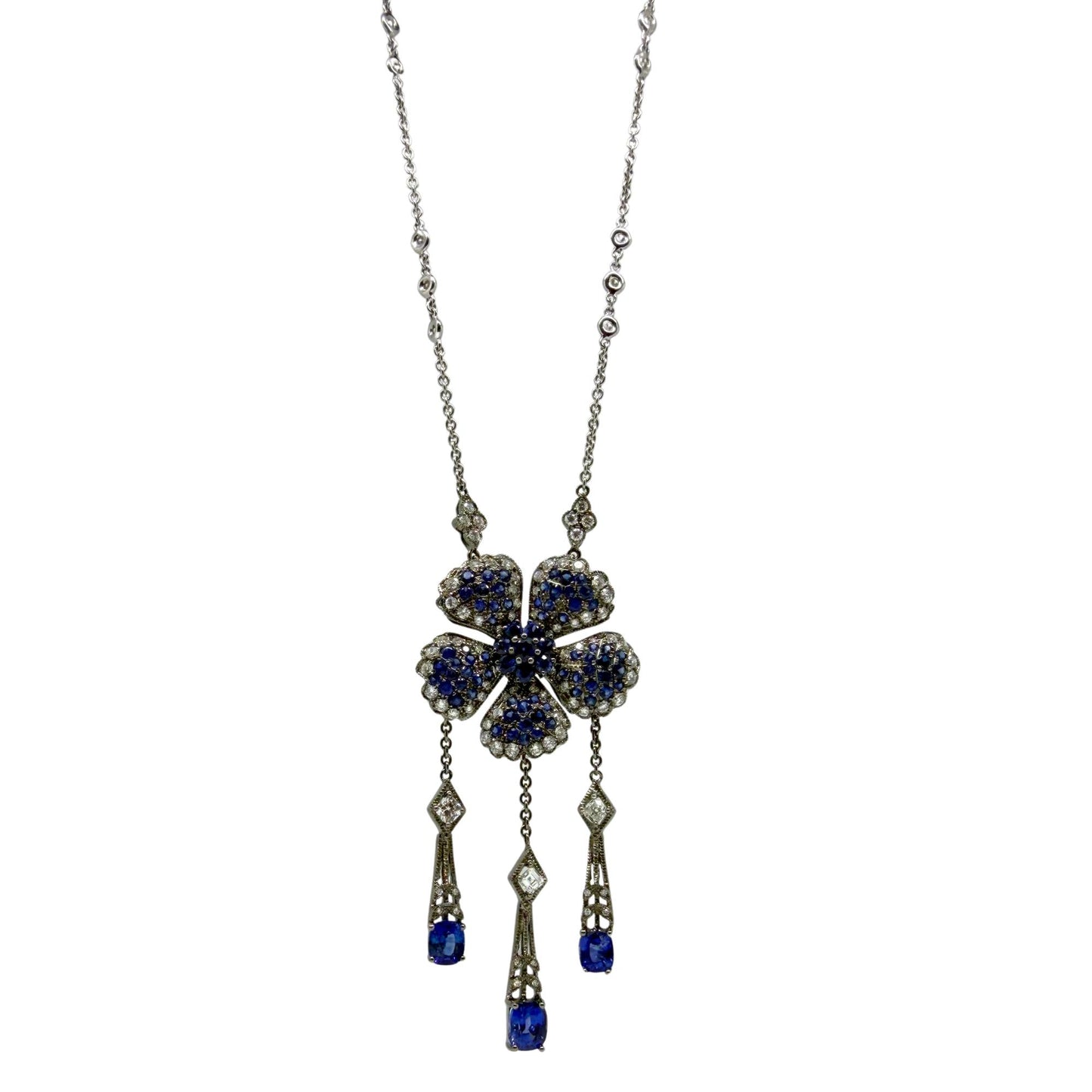 Vintage Inspired 18K Diamond and 6.67 Carat Sapphire Flower Drop Necklace