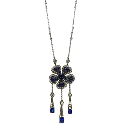 Vintage Inspired 18K Diamond and 6.67 Carat Sapphire Flower Drop Necklace