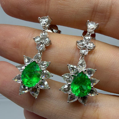 18K White Gold 2.22 Carat Emerald and Rose Cut Diamond Earrings