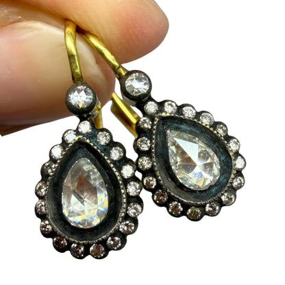 18K Yellow Gold and Silver Top .77 Carat Rose Cut Diamond Drop Earrings
