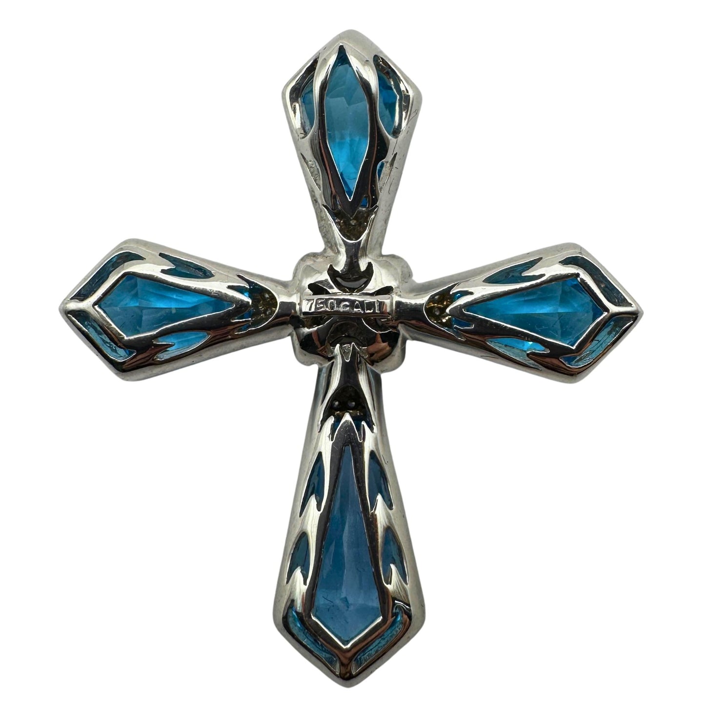 18k Estate Diamond, Sapphire, and London Blue Topaz Gadi Cross Pendant