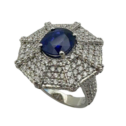 18k White Gold 3.05 Carat Oval Cut Sapphire and Diamond Spider Web Cocktail Ring