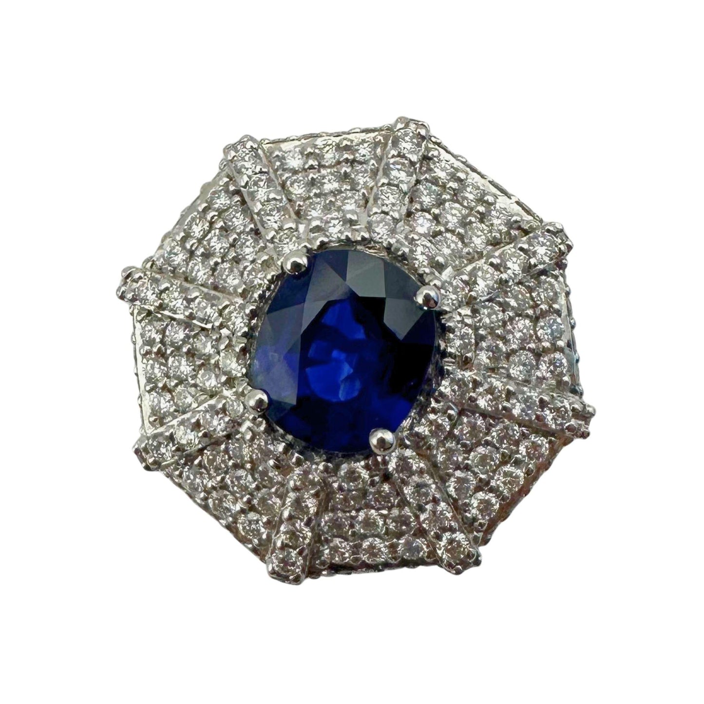 18k White Gold 3.05 Carat Oval Cut Sapphire and Diamond Spider Web Cocktail Ring