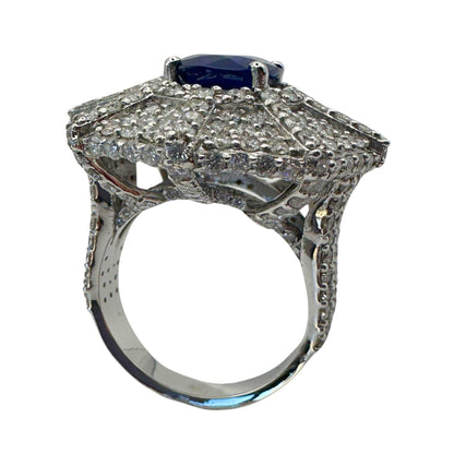 18k White Gold 3.05 Carat Oval Cut Sapphire and Diamond Spider Web Cocktail Ring