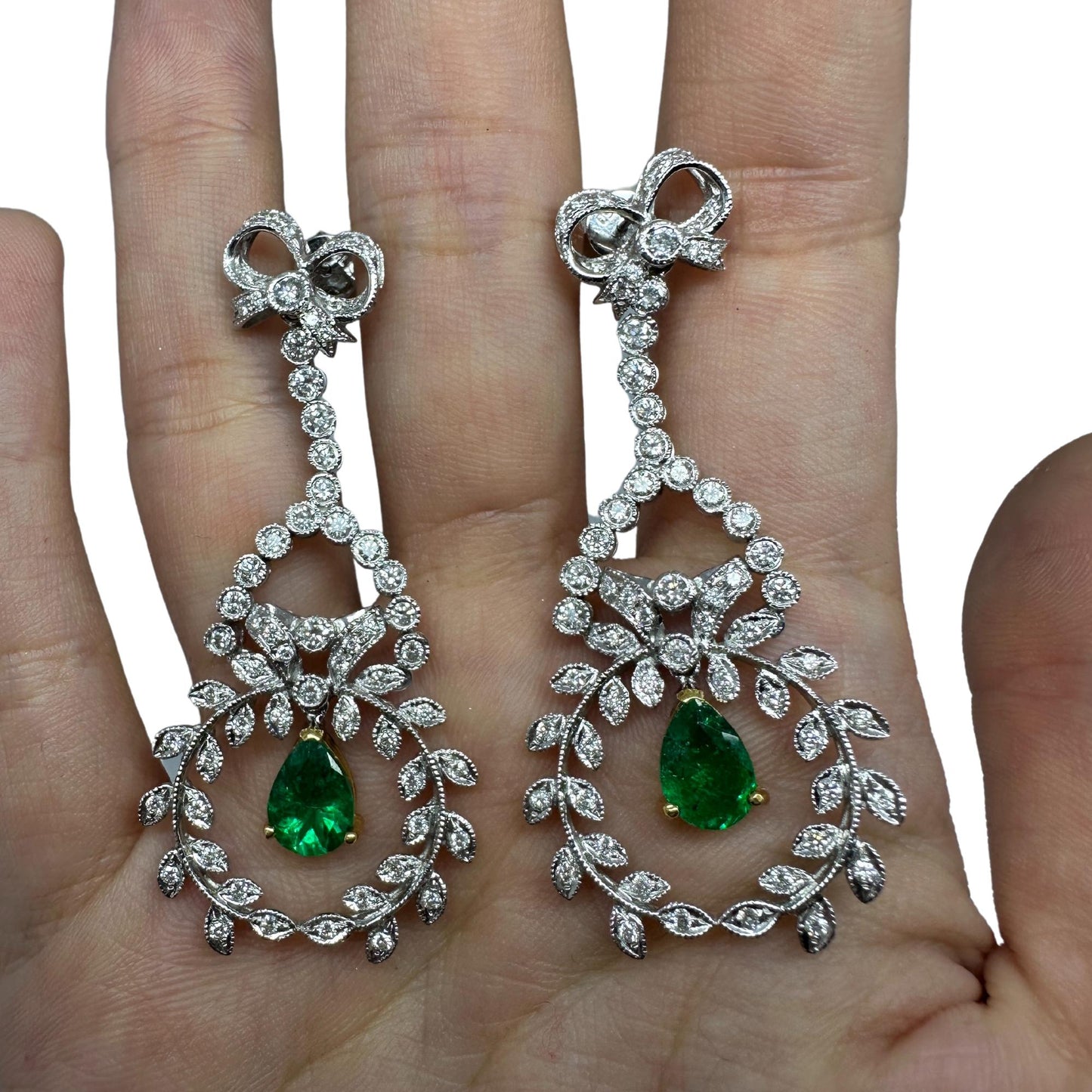 18K White Gold Diamond and Pear Cut Emerald Earrings