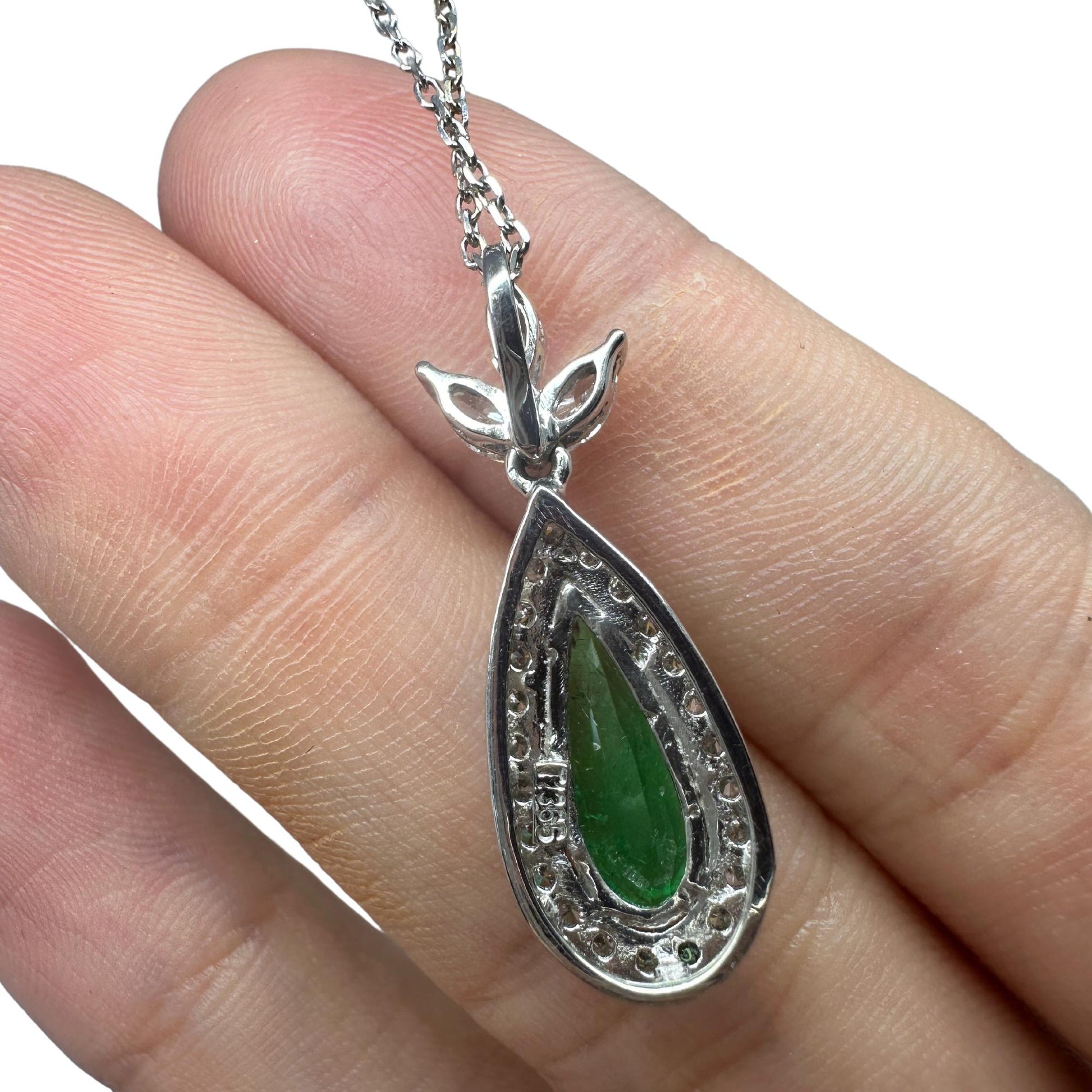 18K White Gold Marquise Cut Diamond and Pear Cut Emerald Pendant Necklace