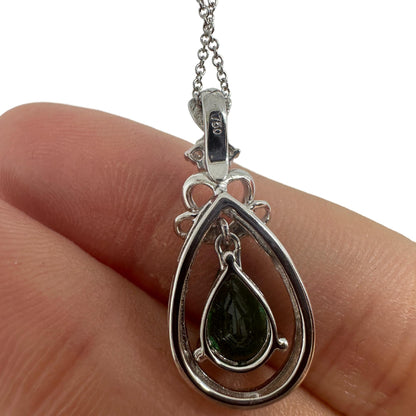 18K White Gold Pear Cut Emerald and Diamond Pendant Necklace