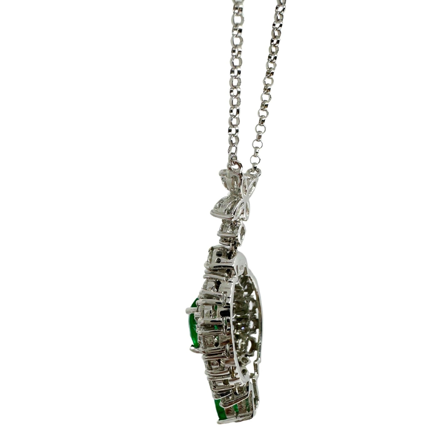 18K White Gold Oval and Pear Cut Emerald and Diamond Necklace