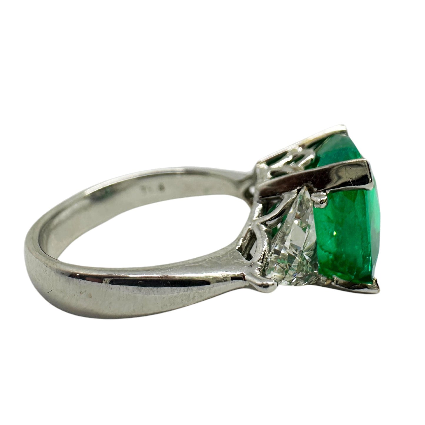 18k White Gold Columbian Cushion Natural Emerald and Trillion Cut Diamond Ring