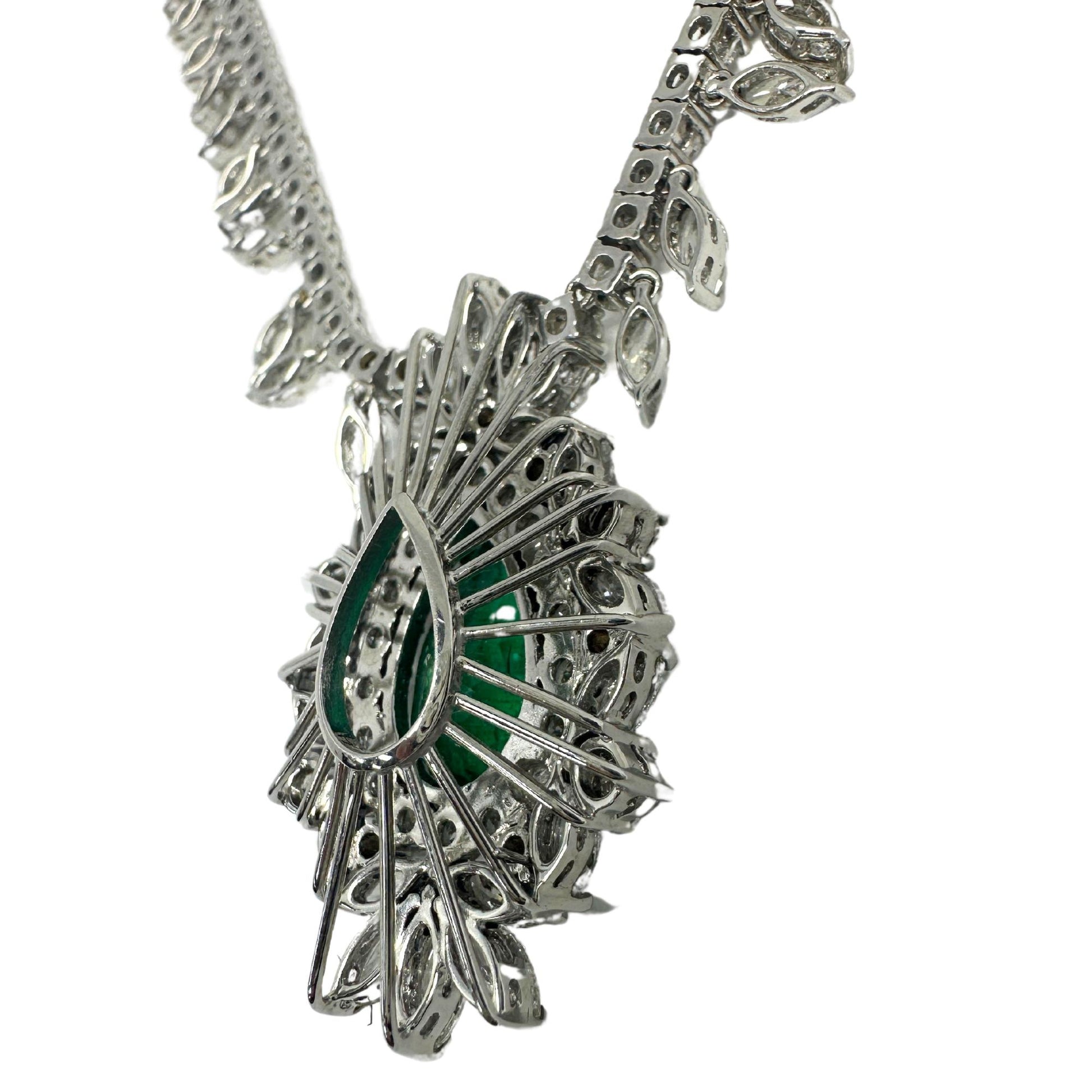 18K White Gold Marquise Cut Diamond and Pear Cut Emerald Necklace