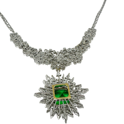 18K Two Tone Pear and Marquise Cut Diamond and Emerald Cut Emerald Necklace