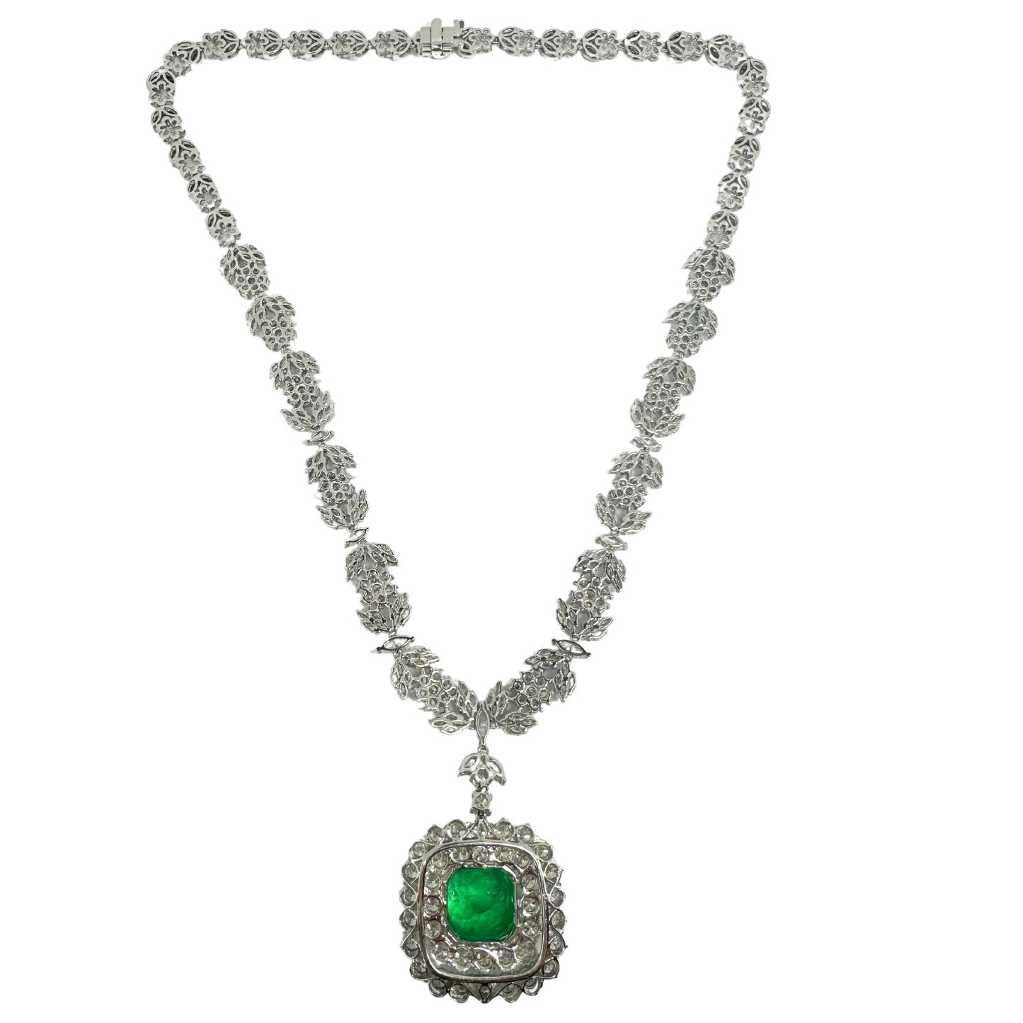 18K White Gold Diamond and Round Emerald Drop Necklace