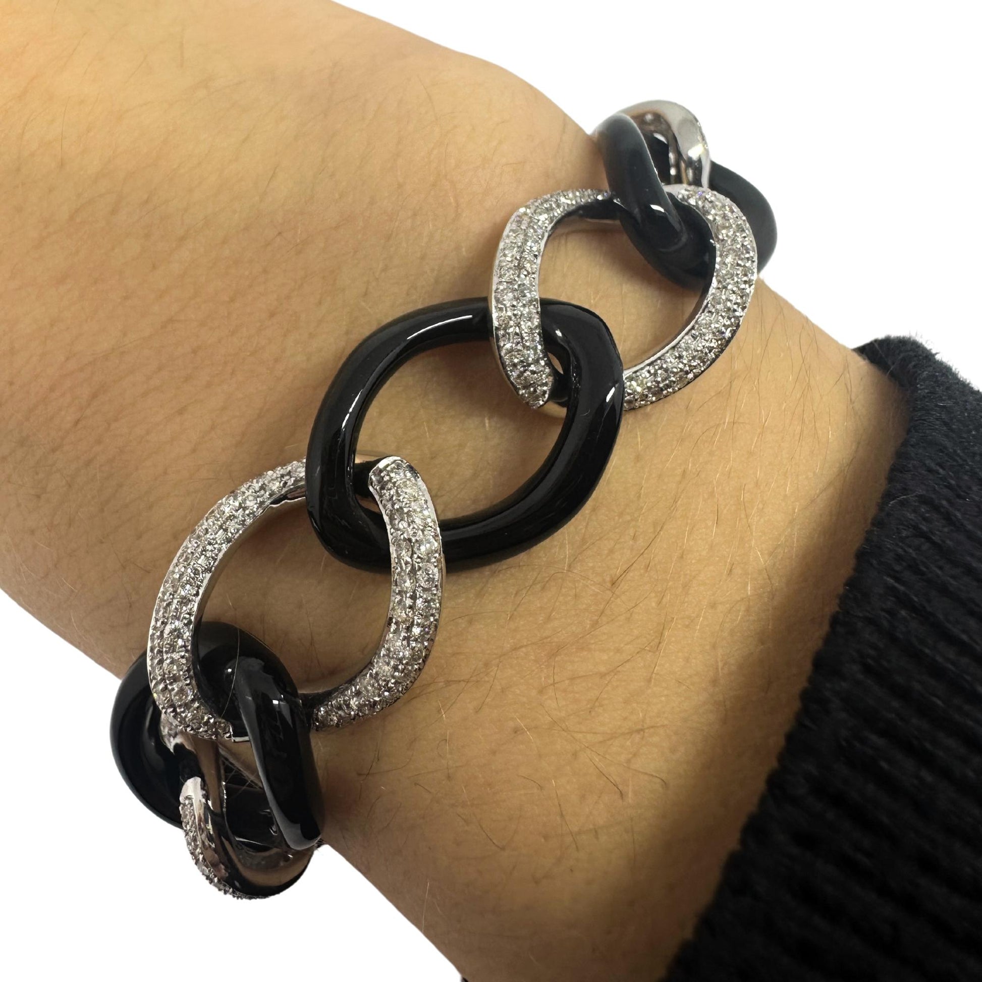 18k White Gold Diamond and Onyx Link Bracelet
