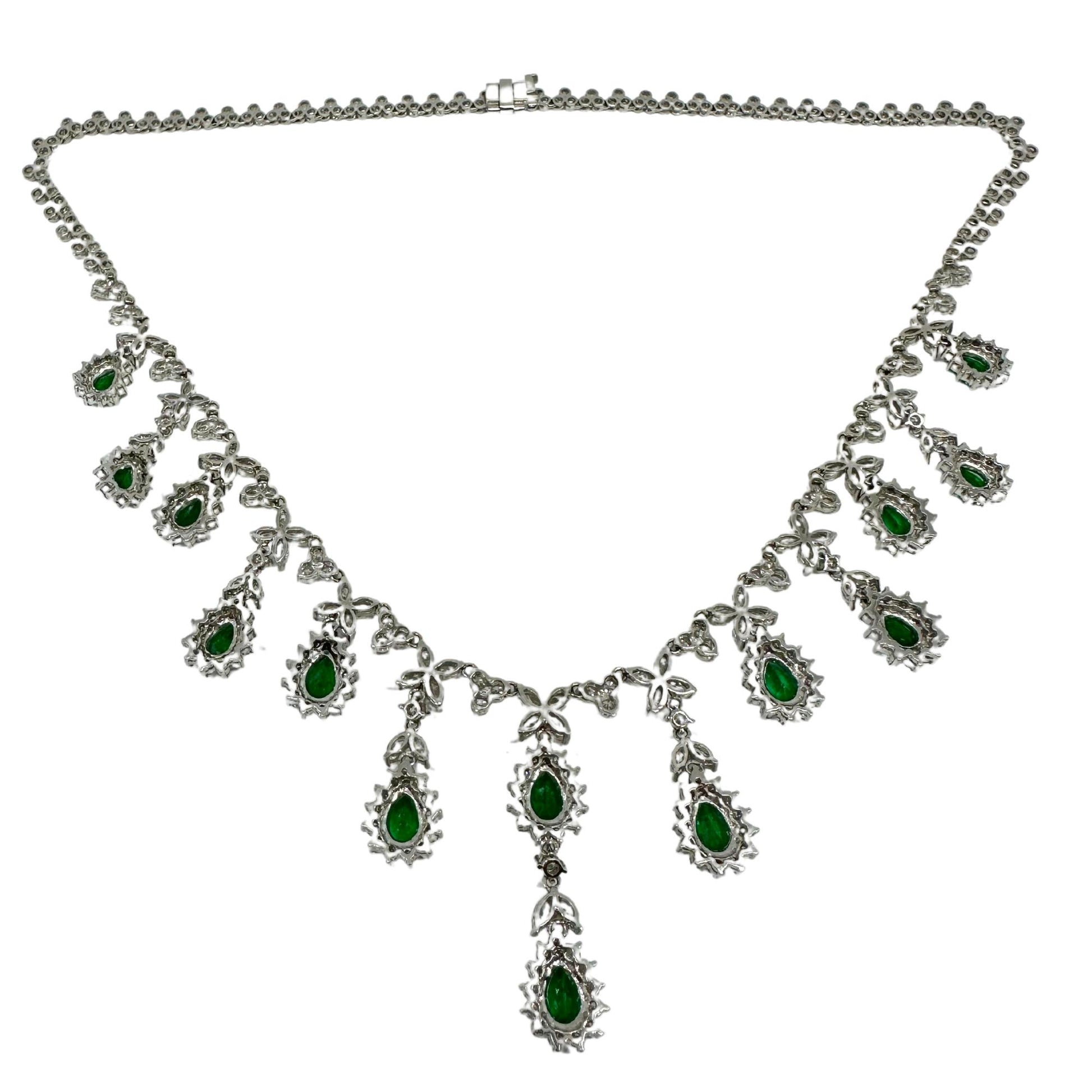 18K White Gold Diamond and Pear Cut Emerald Necklace