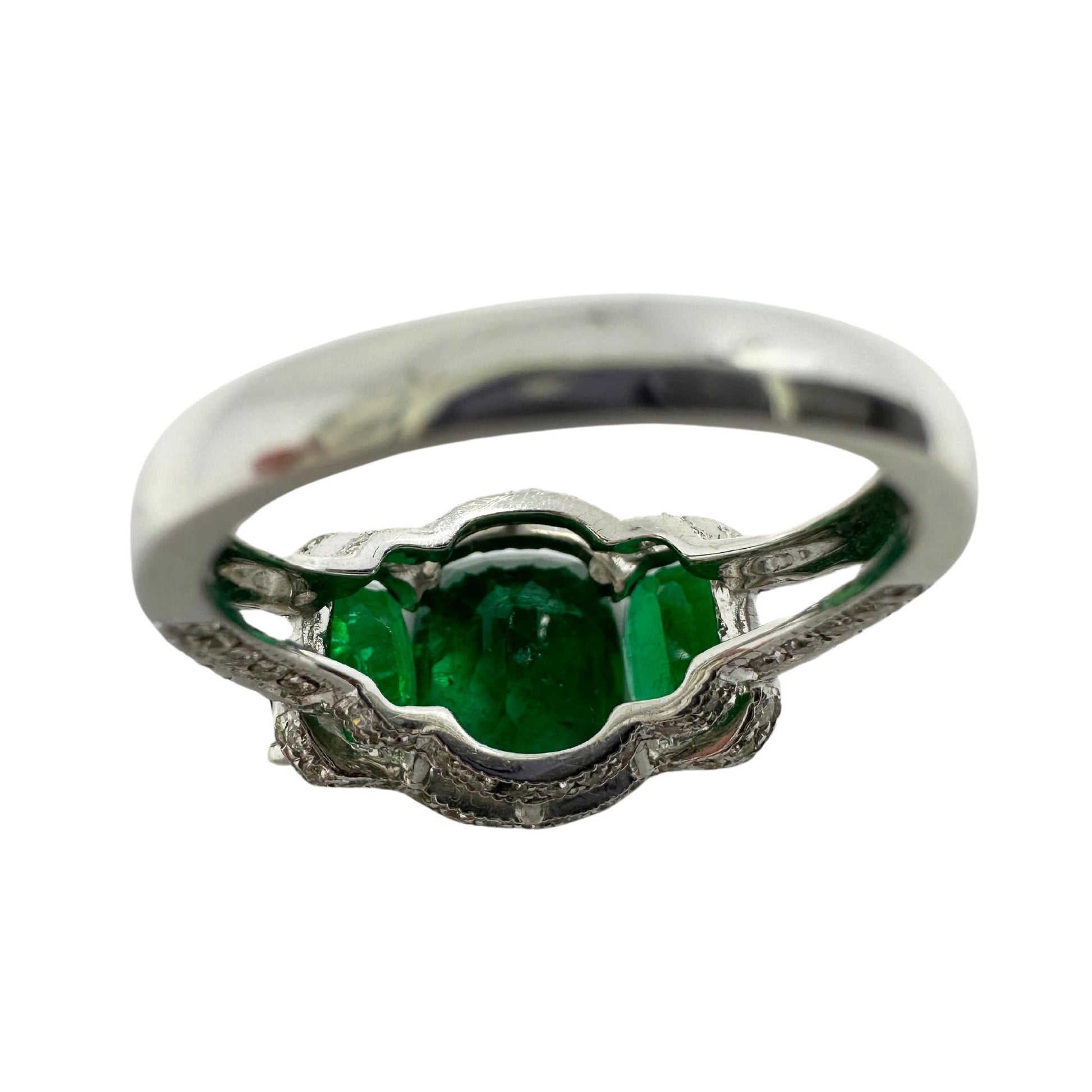 18K White Gold Diamond and Emerald Three Stone Ring