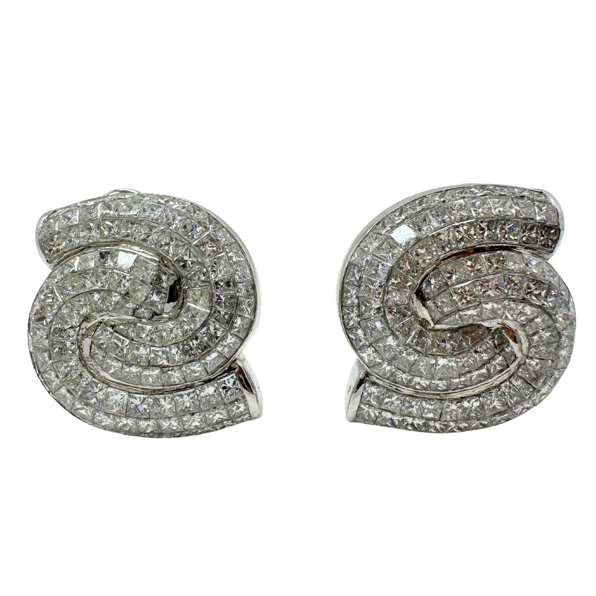 18K White Gold Princess Cut Diamond Spiral Earrings