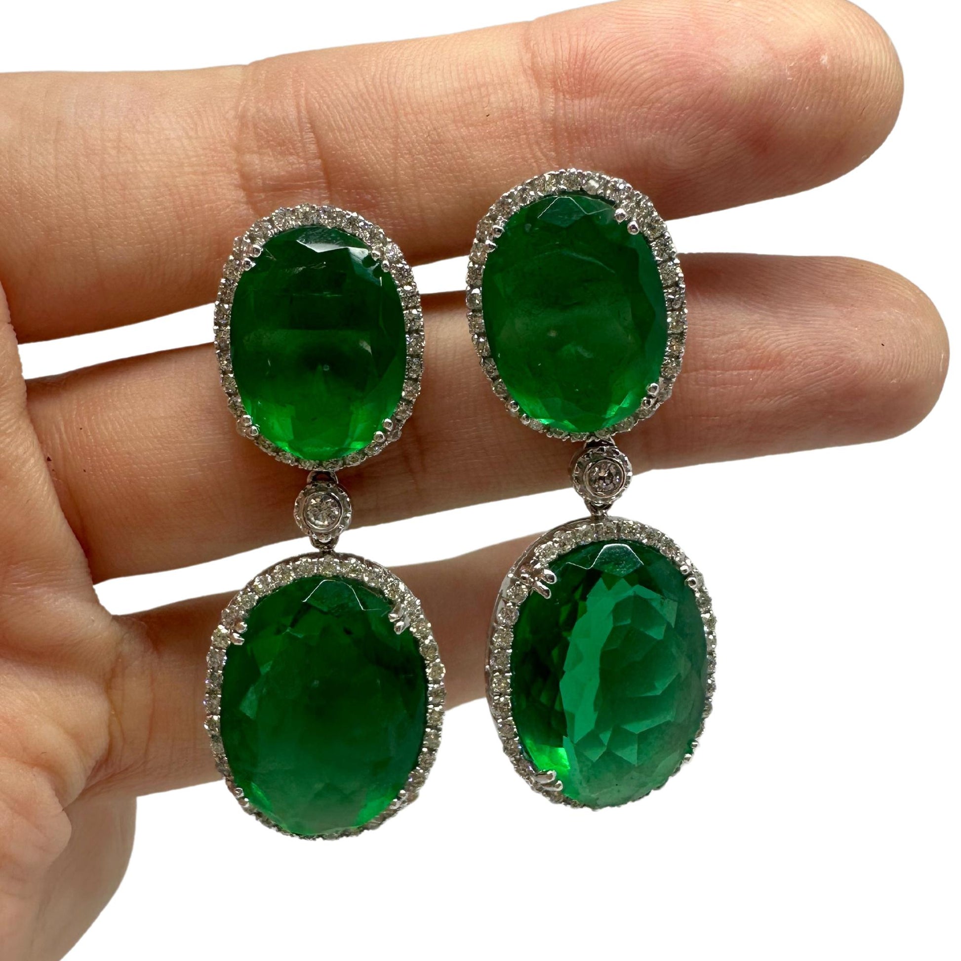 18K White Gold Diamond and Green Quartz Drop Earrings