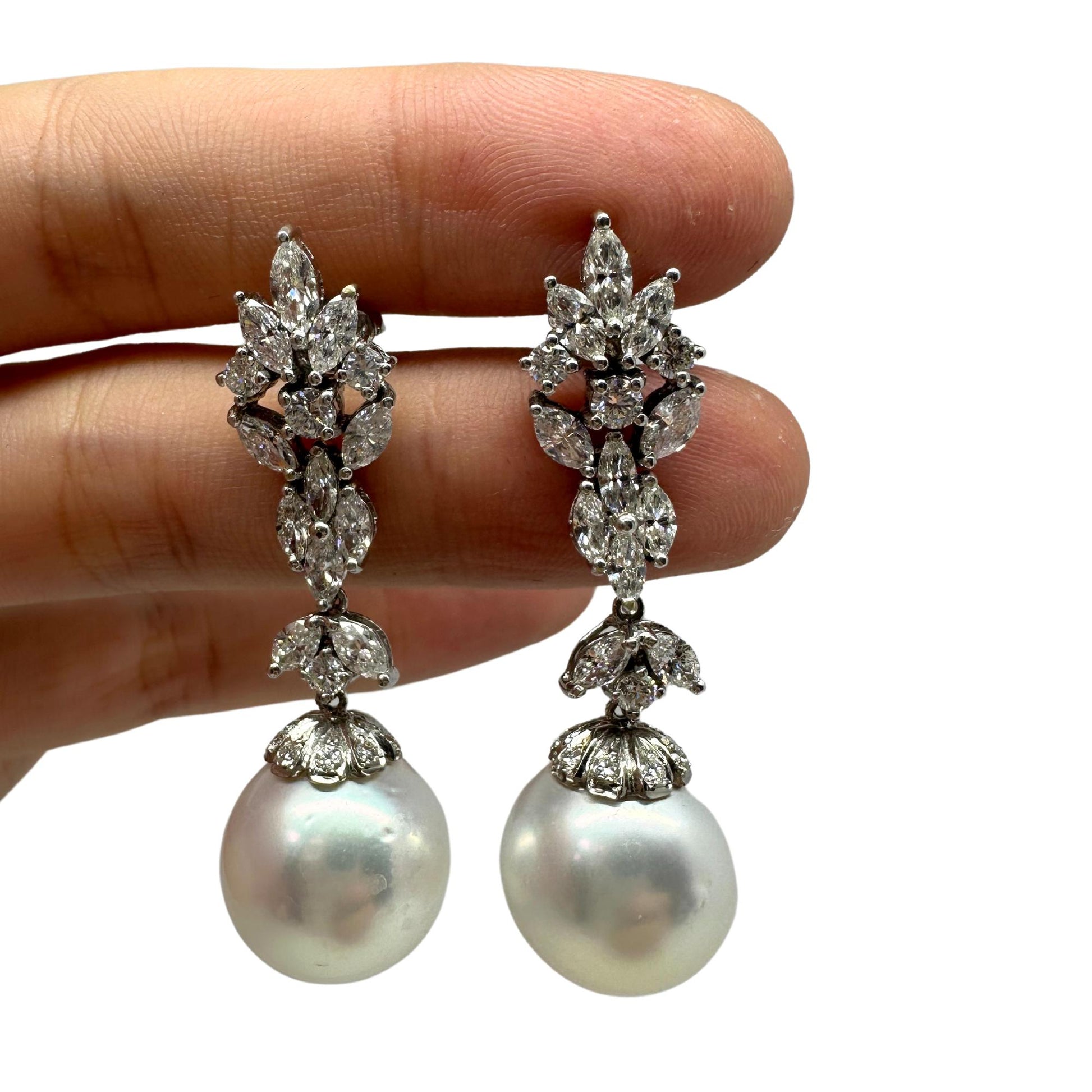 18K White Gold Marquise Cut Diamond and Pearl Drop Earrings