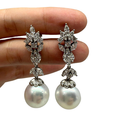 18K White Gold Marquise Cut Diamond and Pearl Drop Earrings