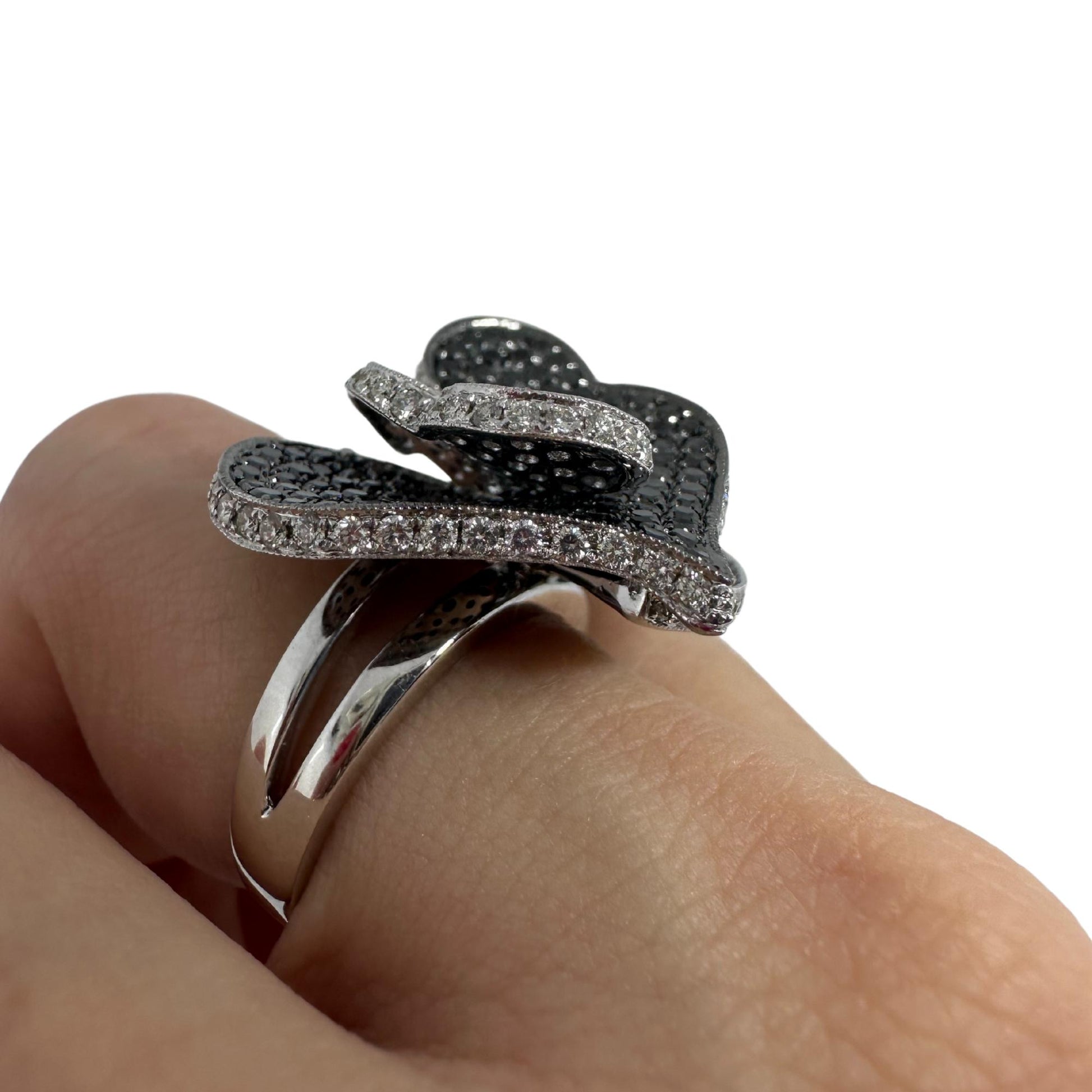 18K White Gold White and Black Diamond Heart Cocktail Ring