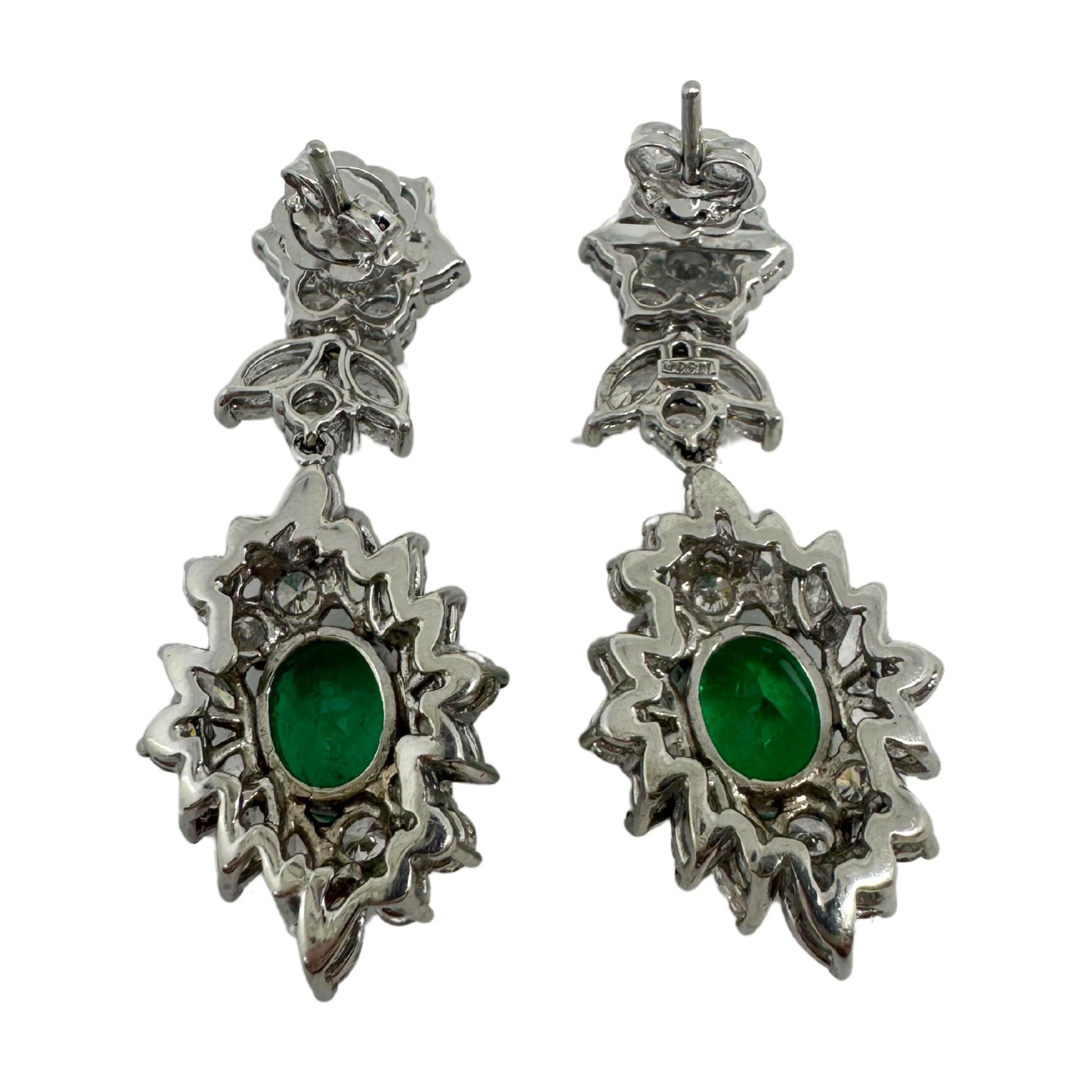 18K White Gold Marquise Cut Diamond and Emerald Drop Earrings