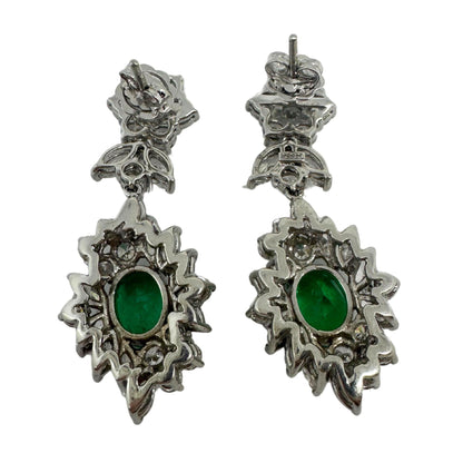 18K White Gold Marquise Cut Diamond and Emerald Drop Earrings