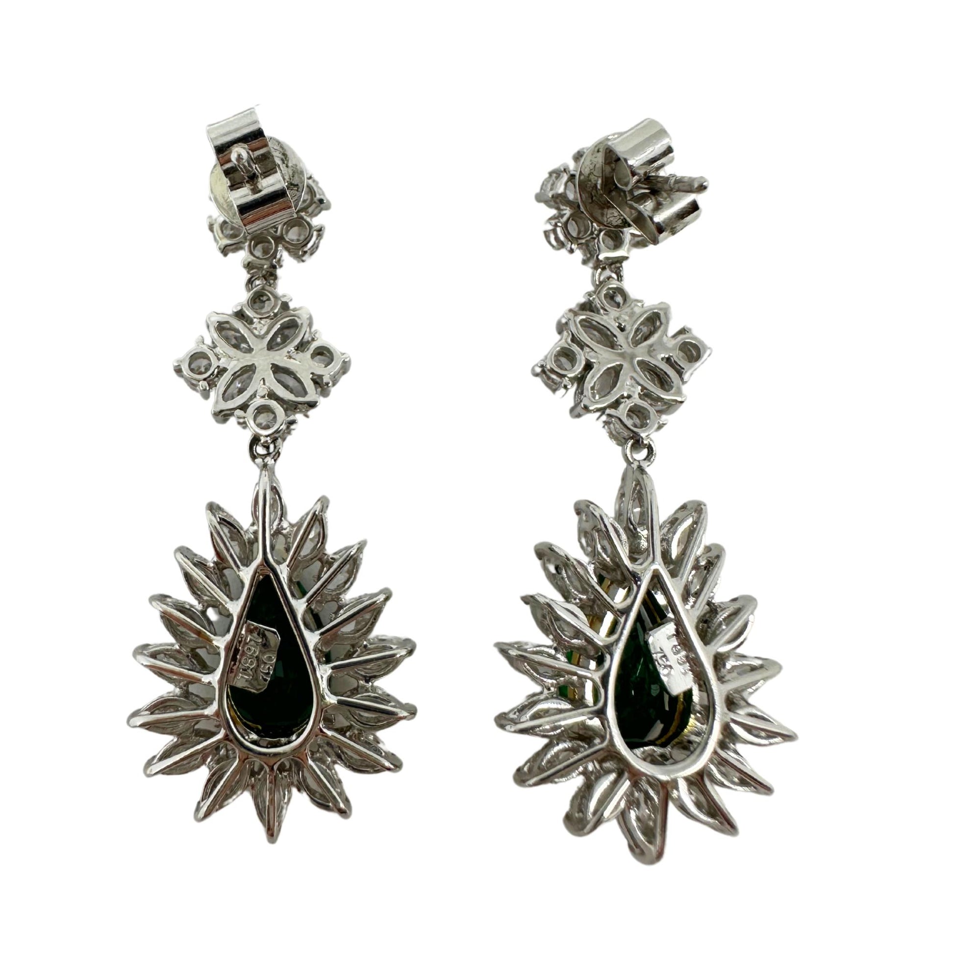 18K Two Tone Marquise Cut Diamond and Pear Cut Emerald Drop Earrings