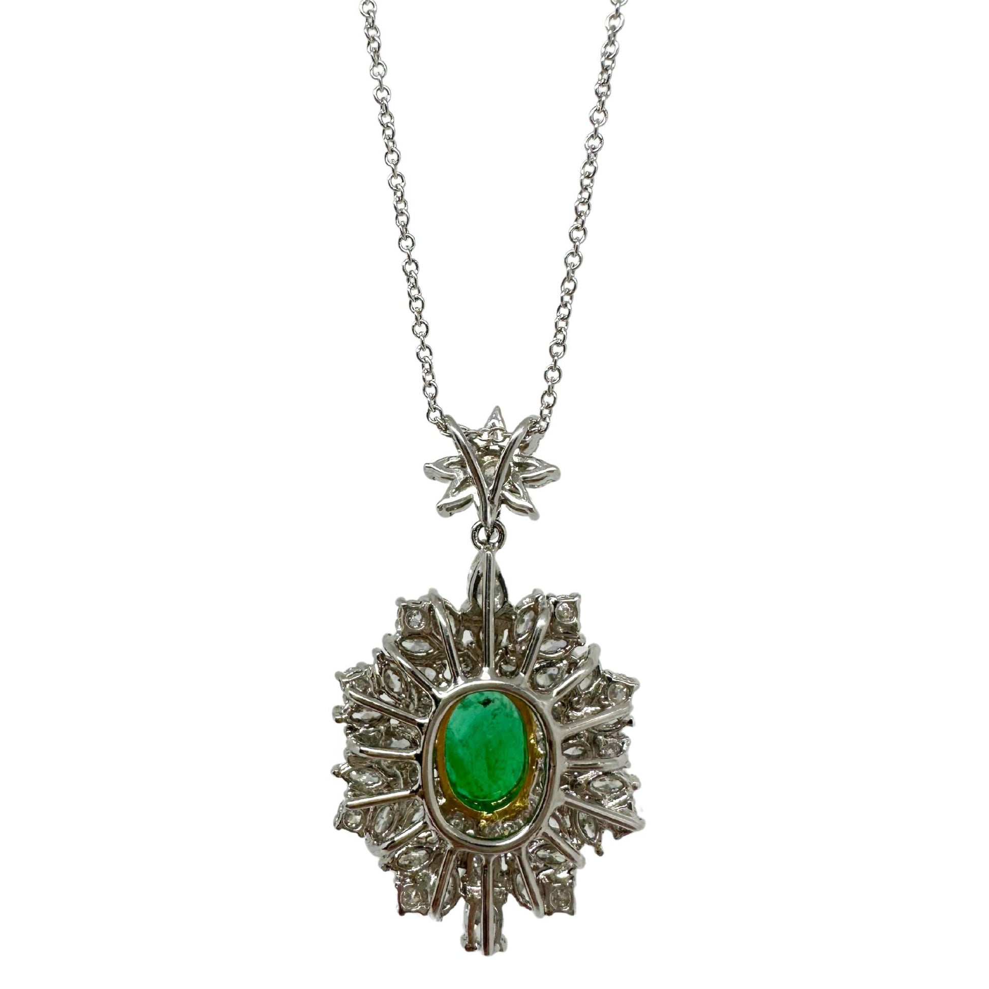 18K White Gold Diamond and Oval Cut Emerald Pendant Necklace