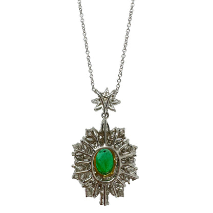 18K White Gold Diamond and Oval Cut Emerald Pendant Necklace