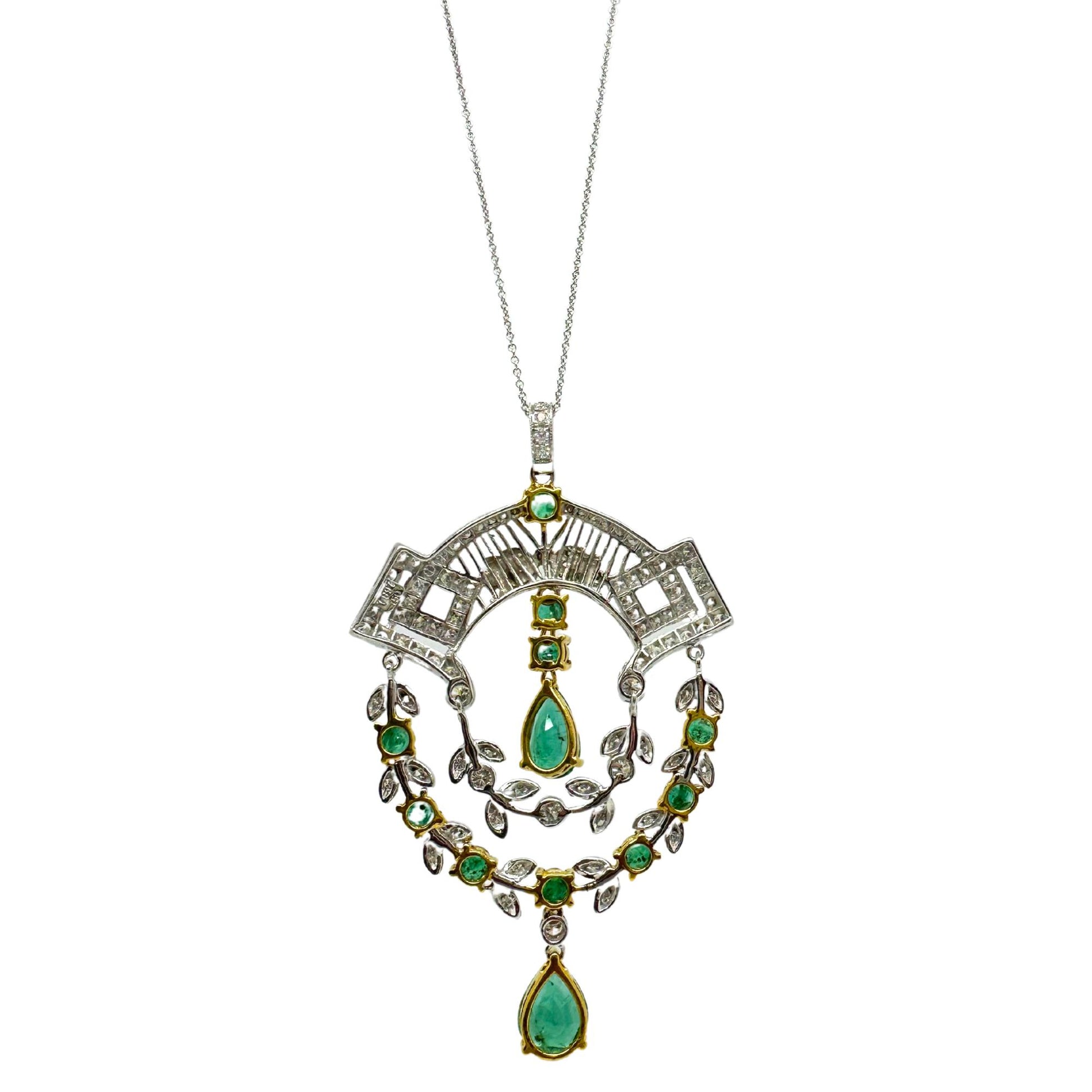 18K Two Tone Diamond and Emerald Pendant Necklace