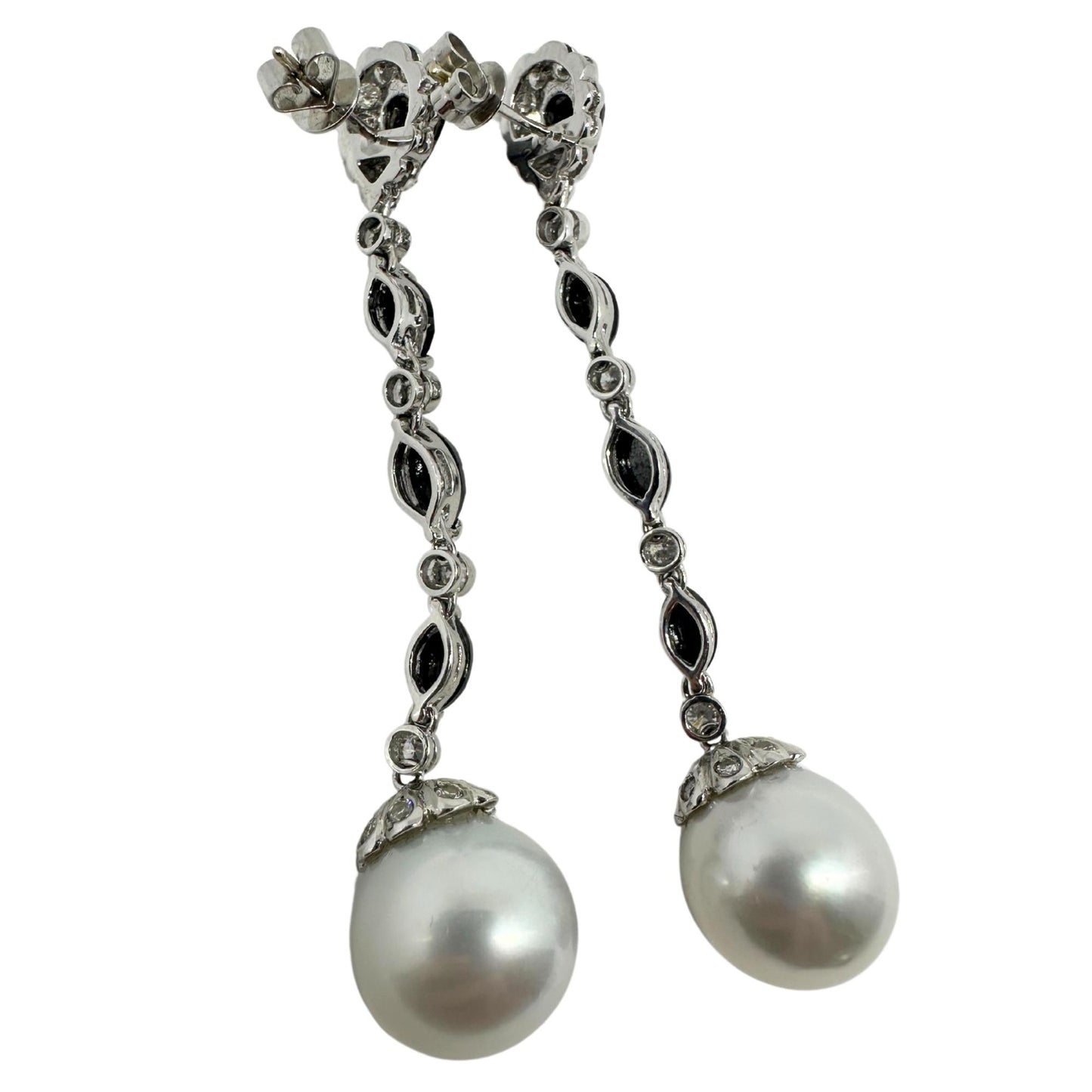18K White Gold Marquise and Pear Cut Black and White Diamond Drop Earrings