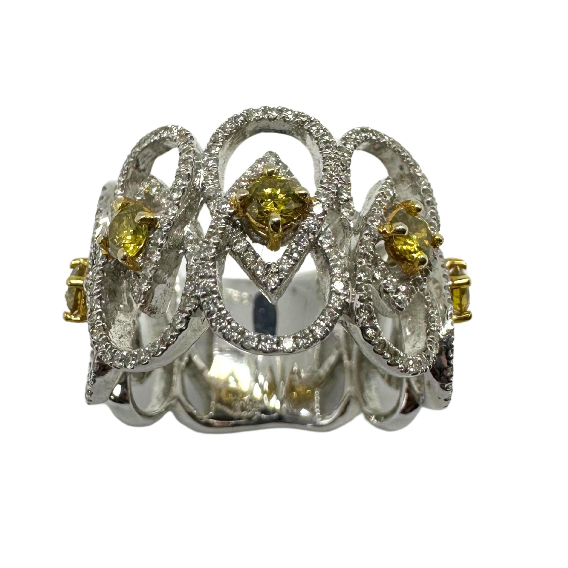18K White Gold White and Yellow Diamond Wide Band Ring