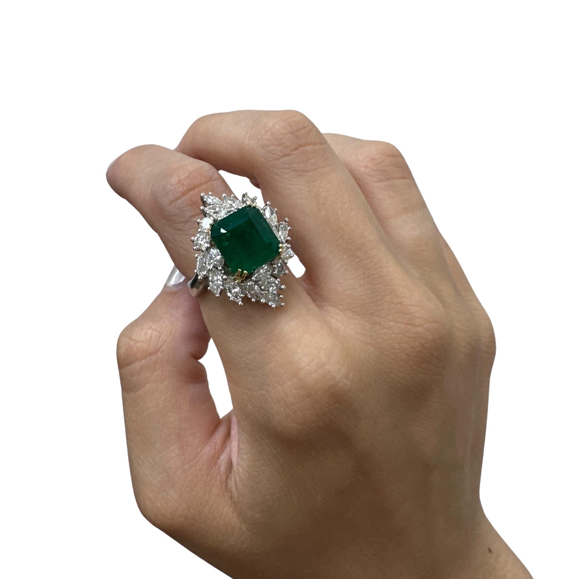 18k Two Tone Marquise Cut  Diamond and Emerald Ring