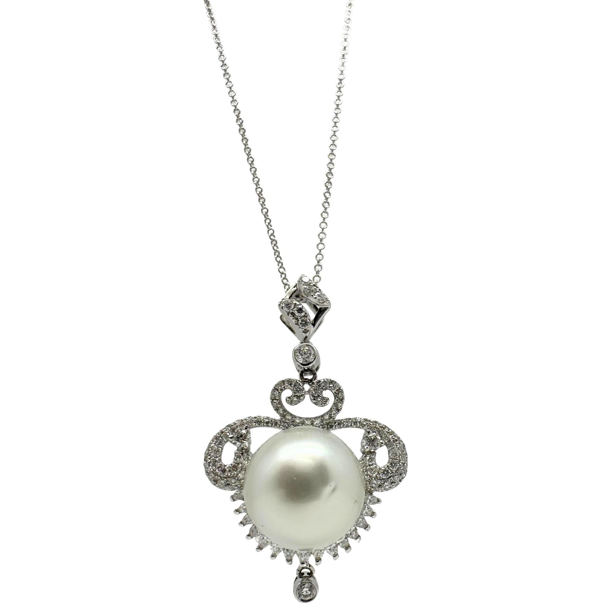 Edwardian-Inspired 18K White Gold Diamond Pearl Pendant Necklace 0.93ct