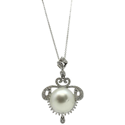 Edwardian-Inspired 18K White Gold Diamond Pearl Pendant Necklace 0.93ct