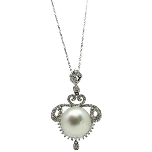 Edwardian-Inspired 18K White Gold Diamond Pearl Pendant Necklace 0.93ct