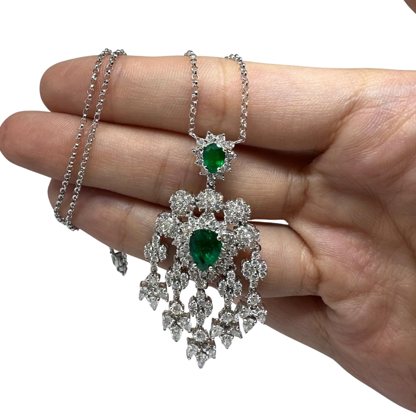 18K White Gold Diamond and Pear Cut Emerald Pendant Necklace