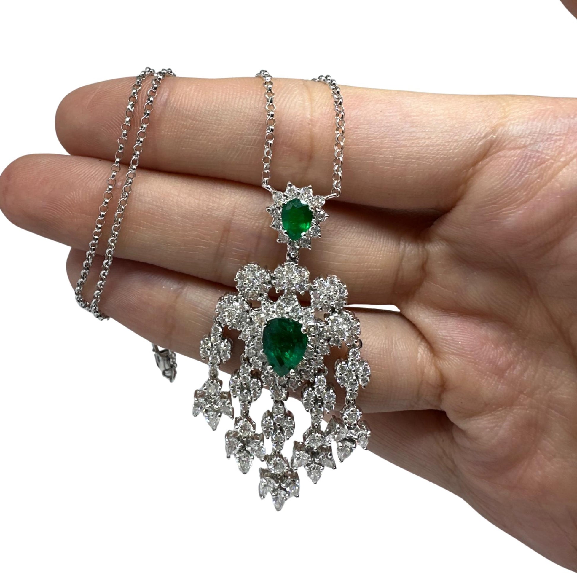 18K White Gold Diamond and Pear Cut Emerald Pendant Necklace